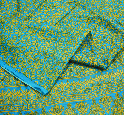 Indian Vintage Sari Blue Pure Silk Printed Saree Fabric 5yard Sewing Craft Fabric DressMaking Wrap Floral