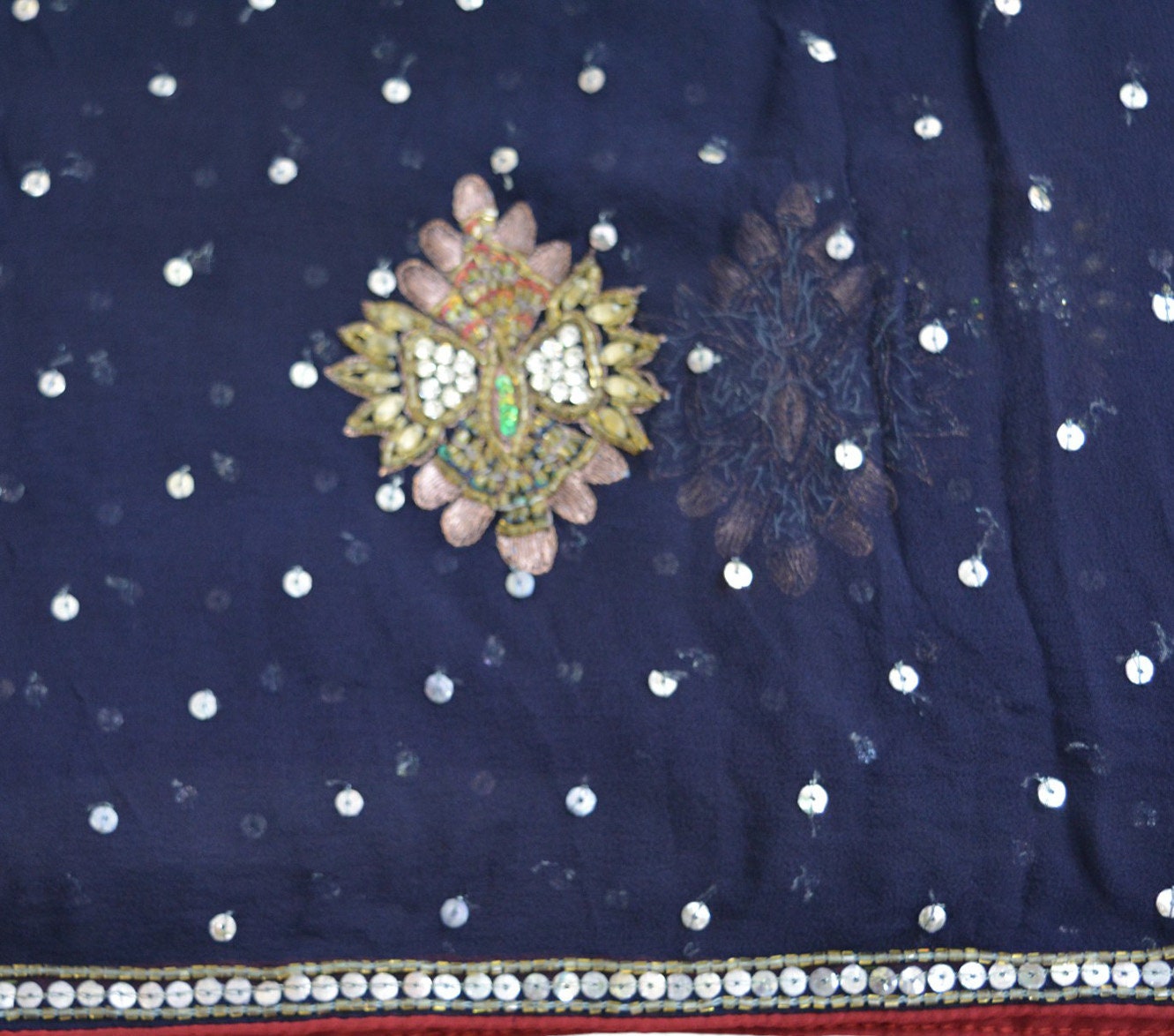 Indian Vintage Deep Blue Dupatta Pure Georgette silk Long Stole Hand Embroidered Scarves Stole Veil Wrap Sequins