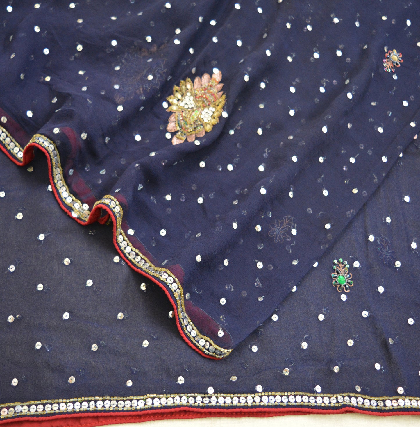 Indian Vintage Deep Blue Dupatta Pure Georgette silk Long Stole Hand Embroidered Scarves Stole Veil Wrap Sequins