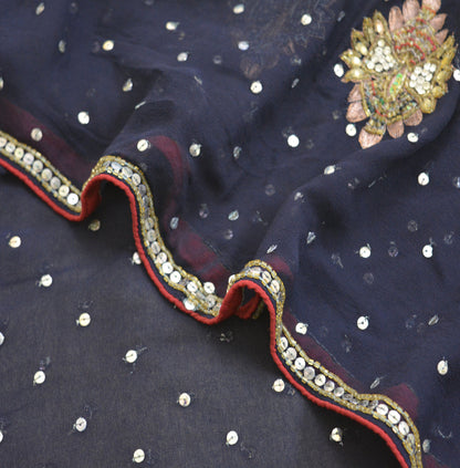 Indian Vintage Deep Blue Dupatta Pure Georgette silk Long Stole Hand Embroidered Scarves Stole Veil Wrap Sequins