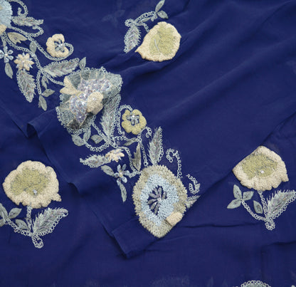 Indian Vintage Blue Dupatta Pure Georgette silk Long Stole Hand Embroidered Scarves Stole Veil Wrap Sequins