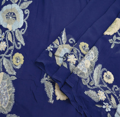 Indian Vintage Blue Dupatta Pure Georgette silk Long Stole Hand Embroidered Scarves Stole Veil Wrap Sequins