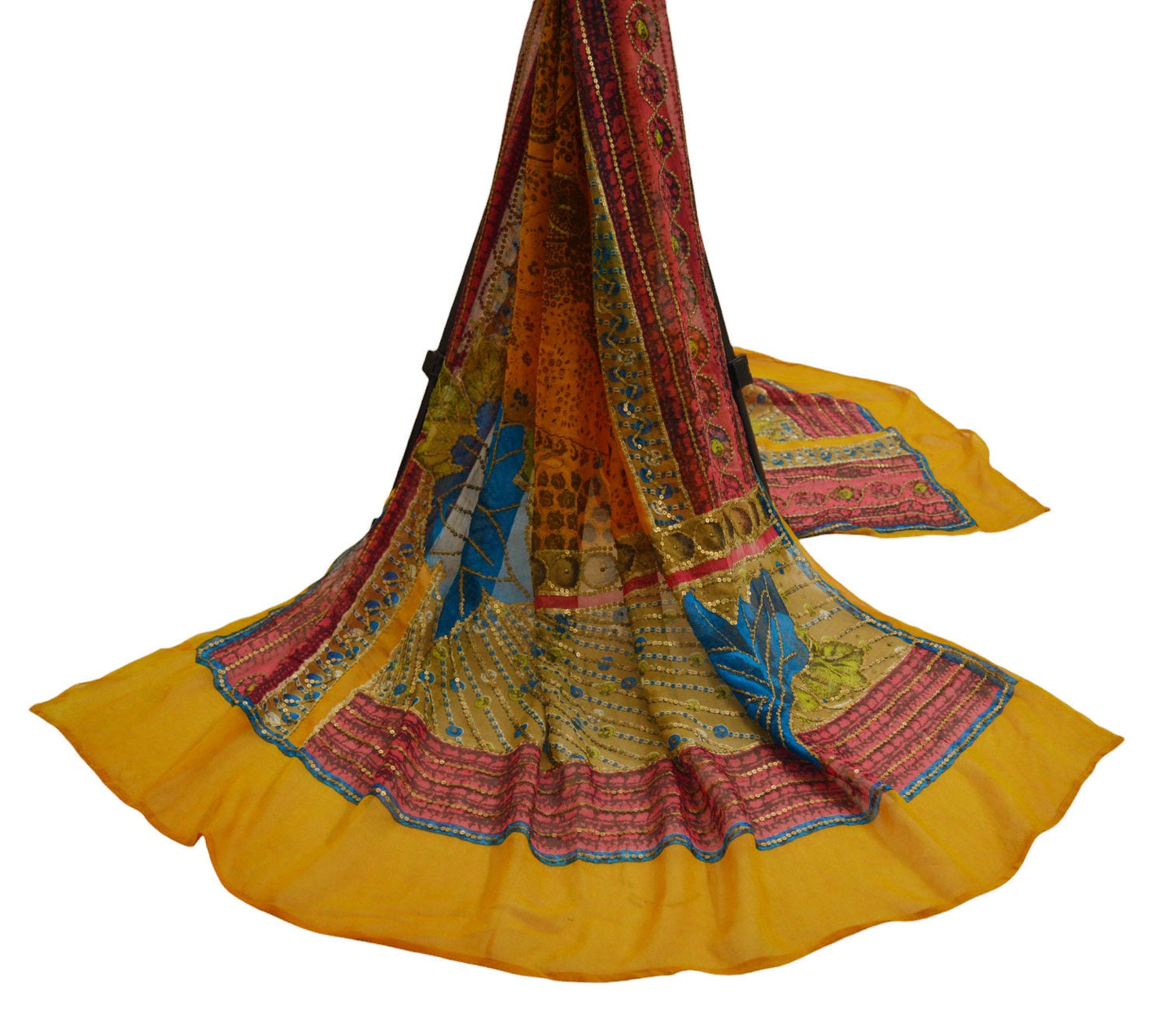 Indian Vintage Saffron Dupatta Pure Georgette silk Long Stole Hand Embroidered Mukesh work Scarves Sequins Stole