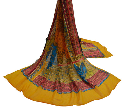 Indian Vintage Saffron Dupatta Pure Georgette silk Long Stole Hand Embroidered Mukesh work Scarves Sequins Stole