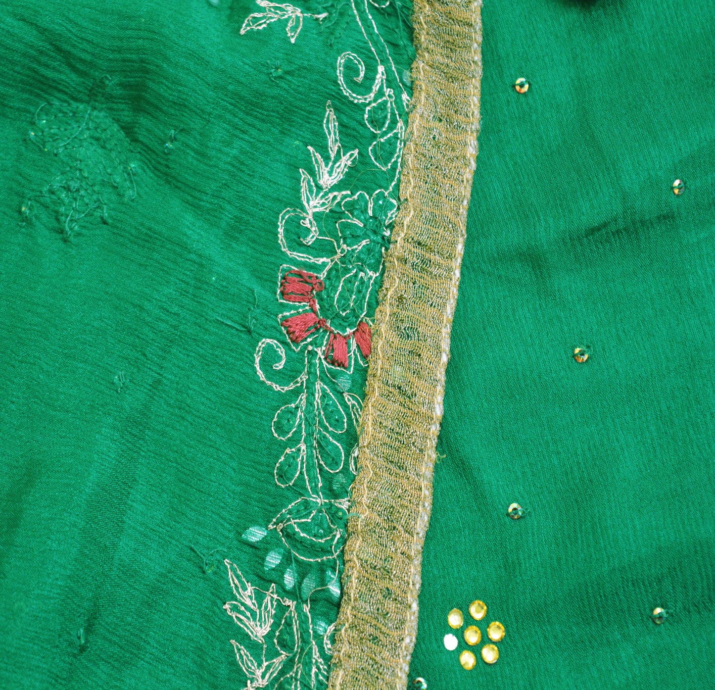 Indian Vintage Green Dupatta Pure silk Long Stole Hand Embroidered Scarves Sequins Stole Zari