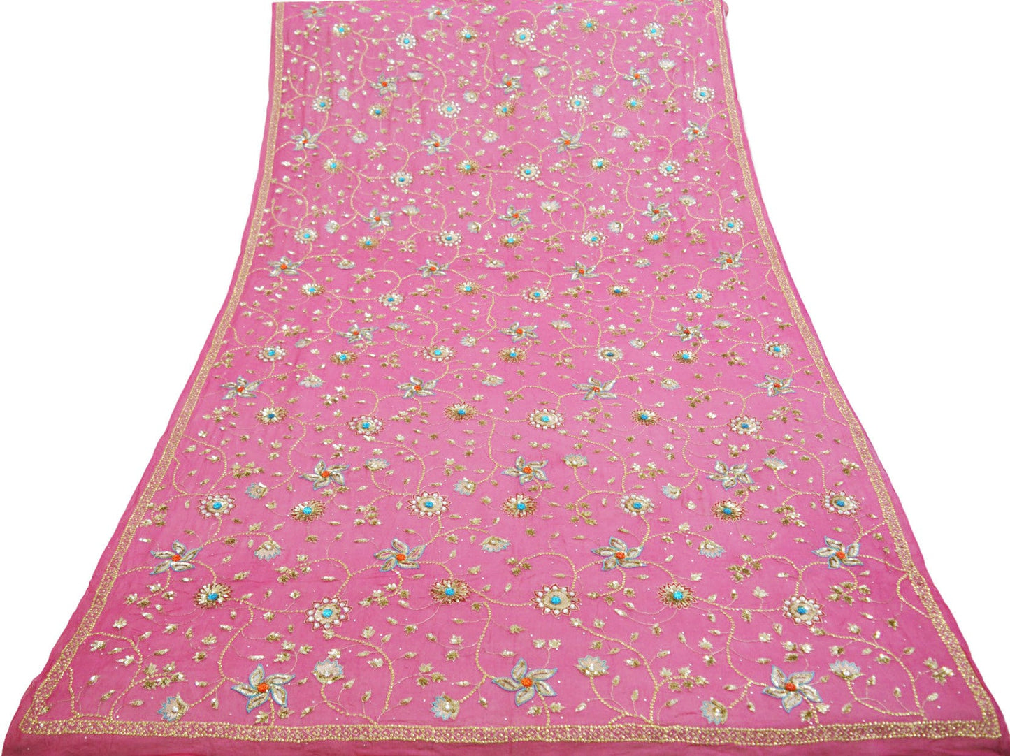 Indian Vintage Heavy Pink Dupatta Pure Georgette Silk Long Stole Hand Embroidered Scarf Zari Zardozi