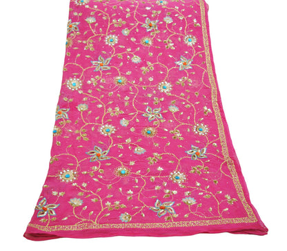 Indian Vintage Heavy Pink Dupatta Pure Georgette Silk Long Stole Hand Embroidered Scarf Zari Zardozi