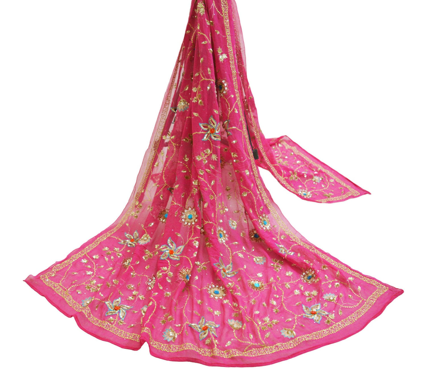 Indian Vintage Heavy Pink Dupatta Pure Georgette Silk Long Stole Hand Embroidered Scarf Zari Zardozi