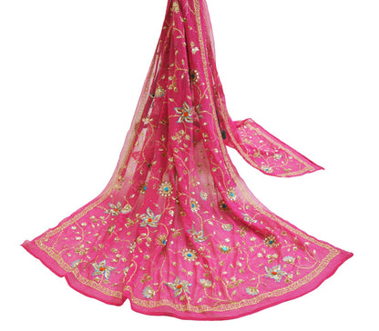 Indian Vintage Heavy Pink Dupatta Pure Georgette Silk Long Stole Hand Embroidered Scarf Zari Zardozi