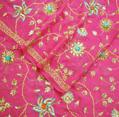 Indian Vintage Heavy Pink Dupatta Pure Georgette Silk Long Stole Hand Embroidered Scarf Zari Zardozi