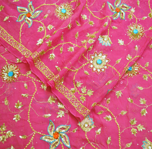 Indian Vintage Heavy Pink Dupatta Pure Georgette Silk Long Stole Hand Embroidered Scarf Zari Zardozi