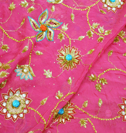 Indian Vintage Heavy Pink Dupatta Pure Georgette Silk Long Stole Hand Embroidered Scarf Zari Zardozi