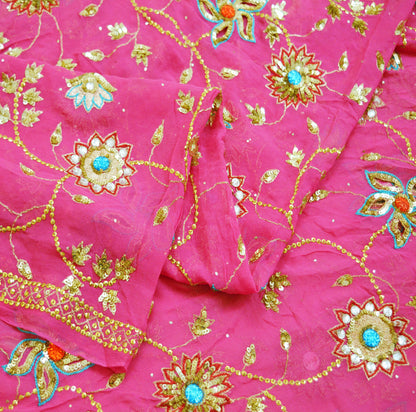 Indian Vintage Heavy Pink Dupatta Pure Georgette Silk Long Stole Hand Embroidered Scarf Zari Zardozi