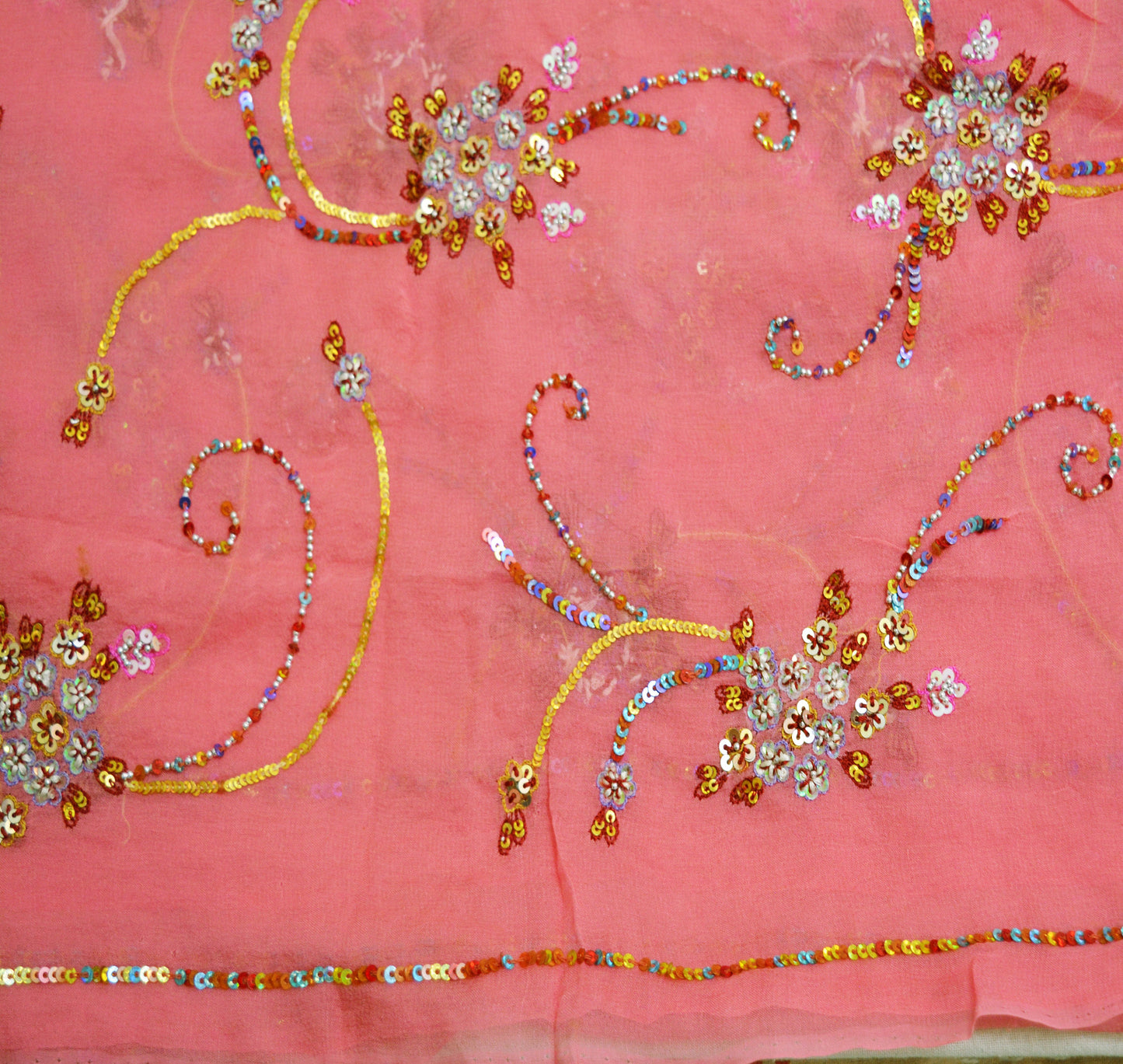 Indian Vintage Pink Dupatta Pure Georgette silk Long Stole Hand Embroidered Scarves Stole Veil Wrap Sequins