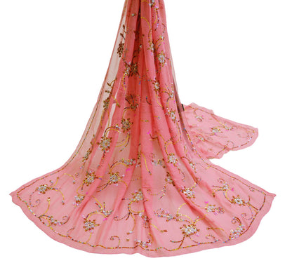 Indian Vintage Pink Dupatta Pure Georgette silk Long Stole Hand Embroidered Scarves Stole Veil Wrap Sequins