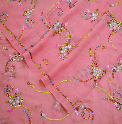 Indian Vintage Pink Dupatta Pure Georgette silk Long Stole Hand Embroidered Scarves Stole Veil Wrap Sequins