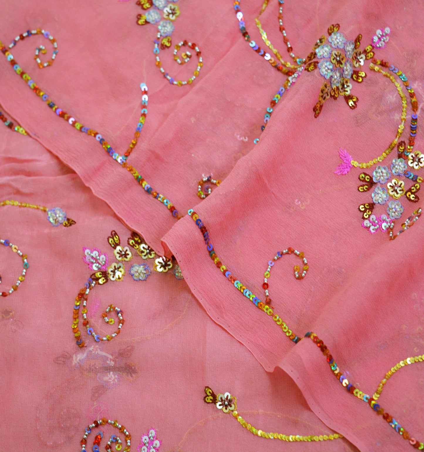 Indian Vintage Pink Dupatta Pure Georgette silk Long Stole Hand Embroidered Scarves Stole Veil Wrap Sequins