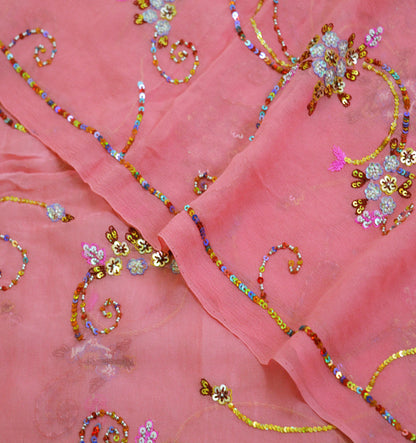 Indian Vintage Pink Dupatta Pure Georgette silk Long Stole Hand Embroidered Scarves Stole Veil Wrap Sequins