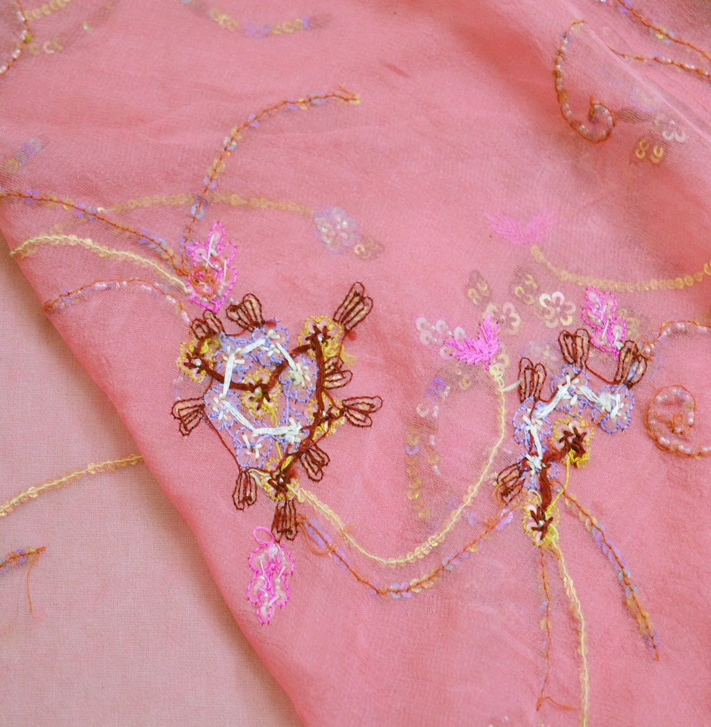 Indian Vintage Pink Dupatta Pure Georgette silk Long Stole Hand Embroidered Scarves Stole Veil Wrap Sequins