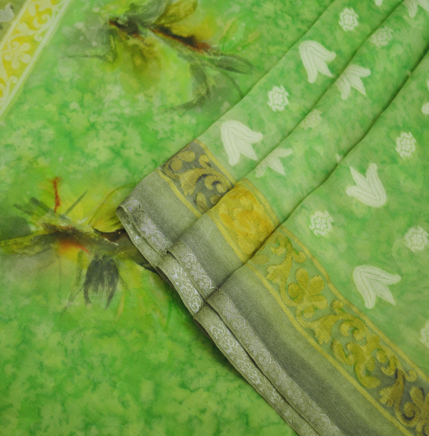 Indian Vintage Sari Green Hand Woven Pure Georgette Silk Saree Fabric 6Yard Ethnic Floral Soft Craft Fabric