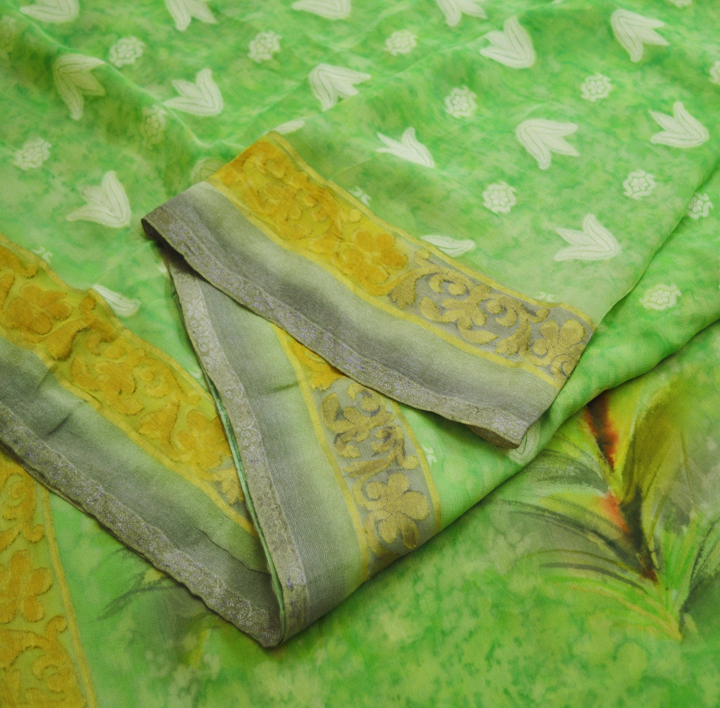 Indian Vintage Sari Green Hand Woven Pure Georgette Silk Saree Fabric 6Yard Ethnic Floral Soft Craft Fabric