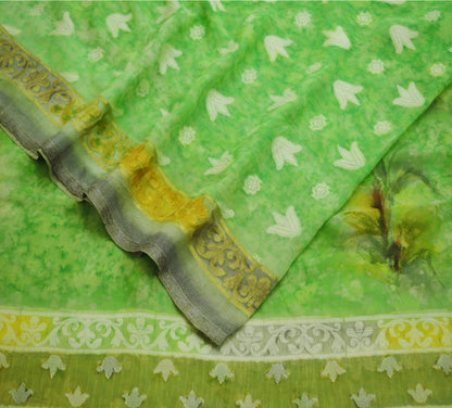 Indian Vintage Sari Green Hand Woven Pure Georgette Silk Saree Fabric 6Yard Ethnic Floral Soft Craft Fabric