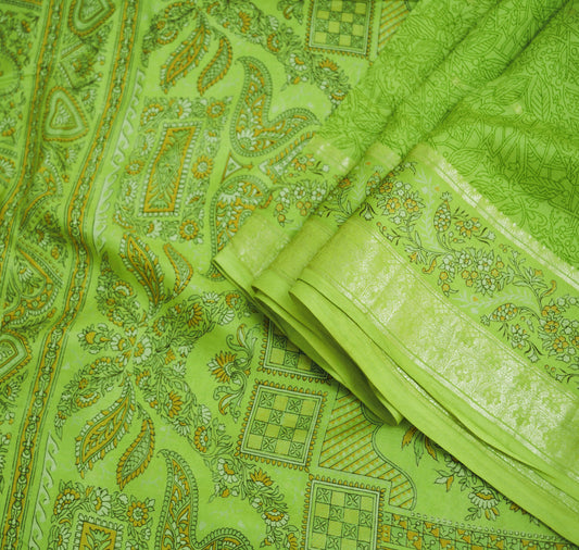 Indian Vintage Sari Green Pure Silk Printed Saree 5yard Sewing Craft Fabric DressMaking Soft Golden Zari