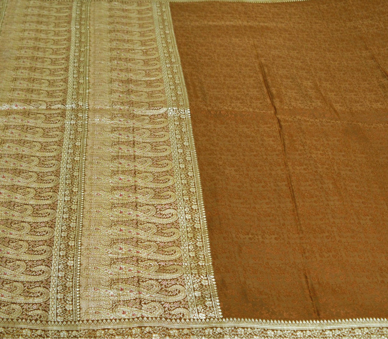 Vintage Sari Brown Heavy Wedding Pure Satin Silk Woven Banarasi Brocade Saree Golden Zari 5Yard Indian Sari