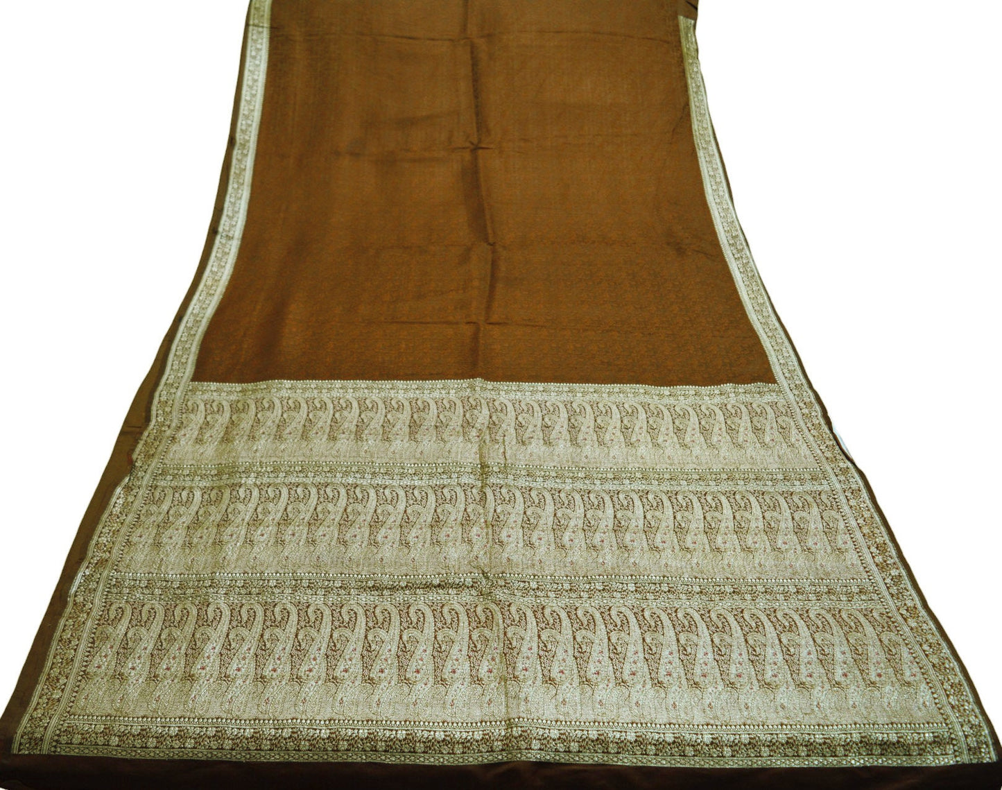 Vintage Sari Brown Heavy Wedding Pure Satin Silk Woven Banarasi Brocade Saree Golden Zari 5Yard Indian Sari