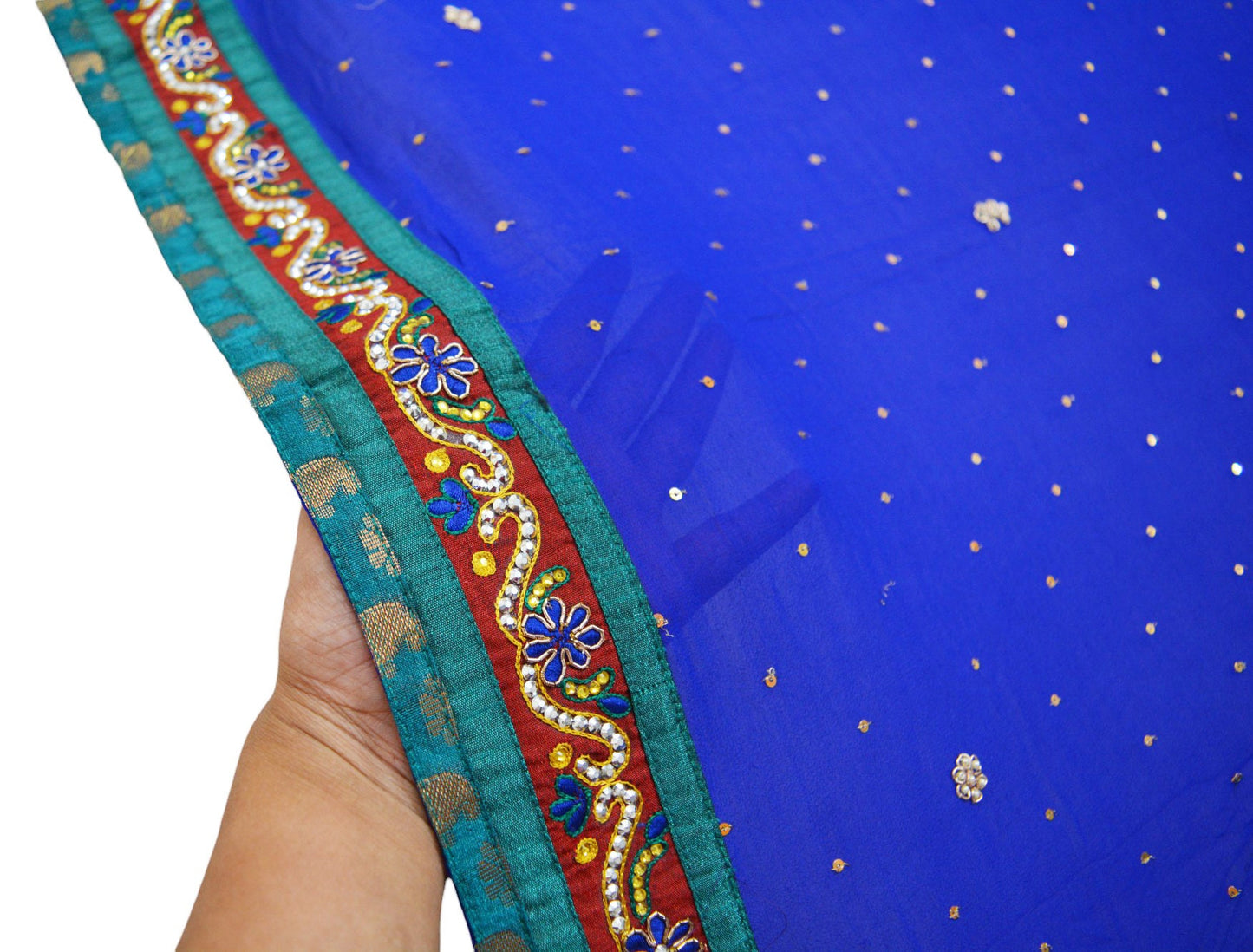 Indian Vintage Heavy Royal Blue Dupatta Pure Georgette Silk Long Stole Hand Embroidered Gota Patti Scarves Zardozi