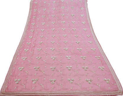 Indian Vintage Heavy Pink Dupatta Pure Georgette Silk Long Stole Hand Embroidered Scarf Zari Zardozi