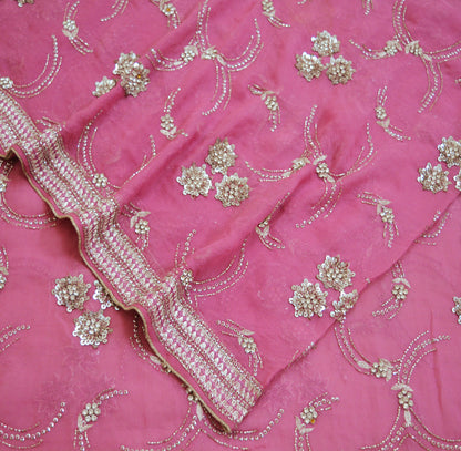 Indian Vintage Heavy Pink Dupatta Pure Georgette Silk Long Stole Hand Embroidered Scarf Zari Zardozi