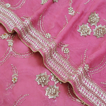 Indian Vintage Heavy Pink Dupatta Pure Georgette Silk Long Stole Hand Embroidered Scarf Zari Zardozi