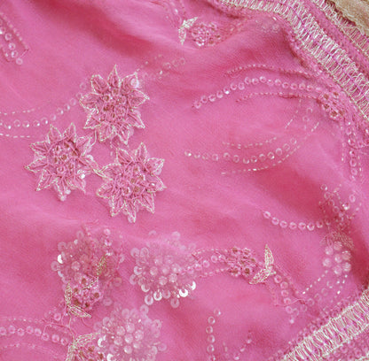 Indian Vintage Heavy Pink Dupatta Pure Georgette Silk Long Stole Hand Embroidered Scarf Zari Zardozi