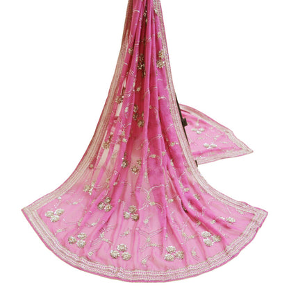 Indian Vintage Heavy Pink Dupatta Pure Georgette Silk Long Stole Hand Embroidered Scarf Zari Zardozi