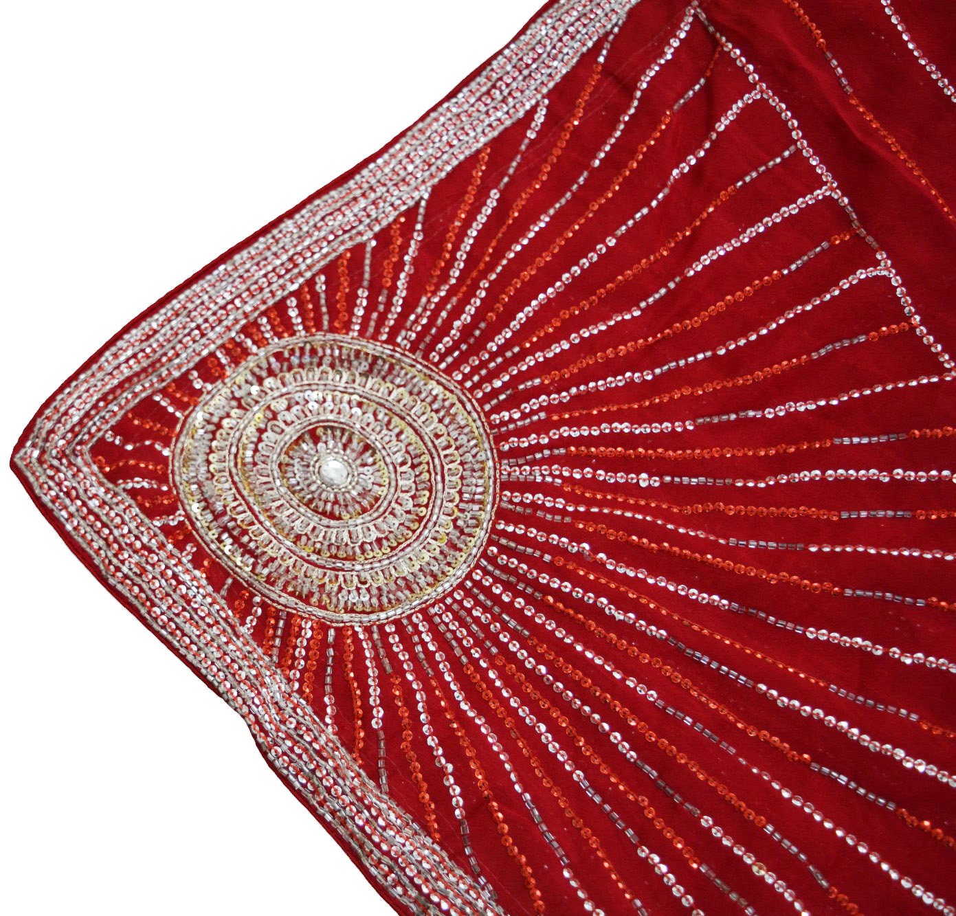 Indian Vintage Heavy Red Dupatta Pure Georgette Silk Long Stole Hand Embroidered Scarves Glass Beaded