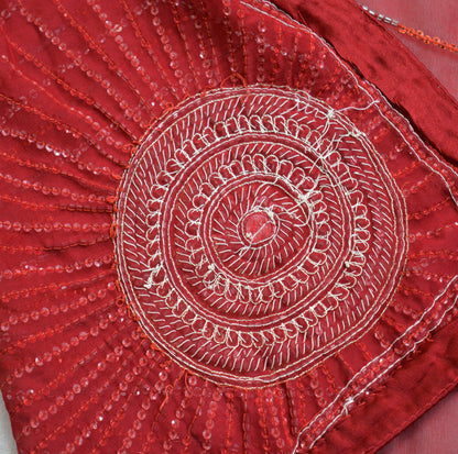 Indian Vintage Heavy Red Dupatta Pure Georgette Silk Long Stole Hand Embroidered Scarves Glass Beaded