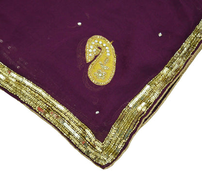 Indian Vintage Purple Dupatta Pure Georgette silk Long Stole Hand Embroidered Scarves Stole Veil Wrap Sequins