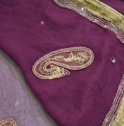 Indian Vintage Purple Dupatta Pure Georgette silk Long Stole Hand Embroidered Scarves Stole Veil Wrap Sequins