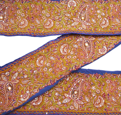 Indian Vintage Blue Sari Border Hand Embroidered Indian Craft Trim Lace Sewing Sari Ribbon Pure Crepe silk  Sequins