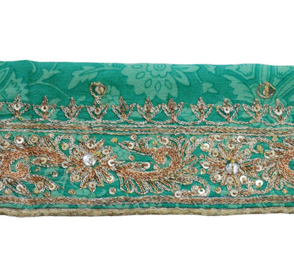 Indian Vintage Green Sari Border Hand Embroidered Indian Craft Trim Lace Sewing Sari Ribbon Pure Crepe silk Zari