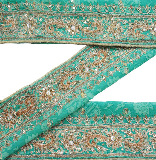 Indian Vintage Green Sari Border Hand Embroidered Indian Craft Trim Lace Sewing Sari Ribbon Pure Crepe silk Zari