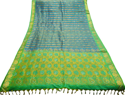 Indian Vintage Heavy Saree Blue & Green Hand Woven Kanjivaram 100% Pure Silk Indian Sari Fabric 5Yard Ethnic Zari Fringes