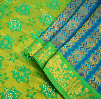 Indian Vintage Heavy Saree Blue & Green Hand Woven Kanjivaram 100% Pure Silk Indian Sari Fabric 5Yard Ethnic Zari Fringes