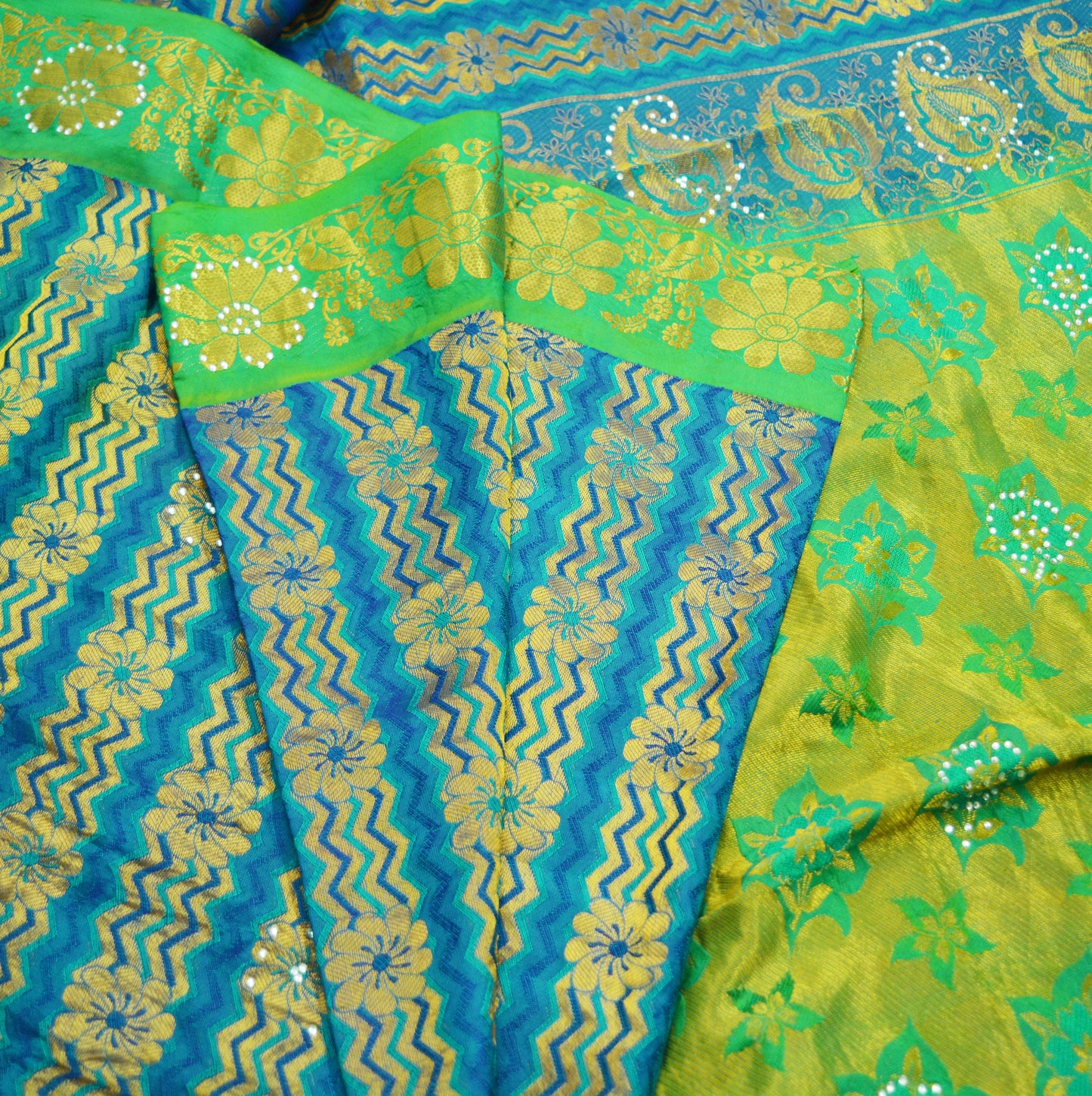 Indian Vintage Heavy Saree Blue & Green Hand Woven Kanjivaram 100% Pure Silk Indian Sari Fabric 5Yard Ethnic Zari Fringes