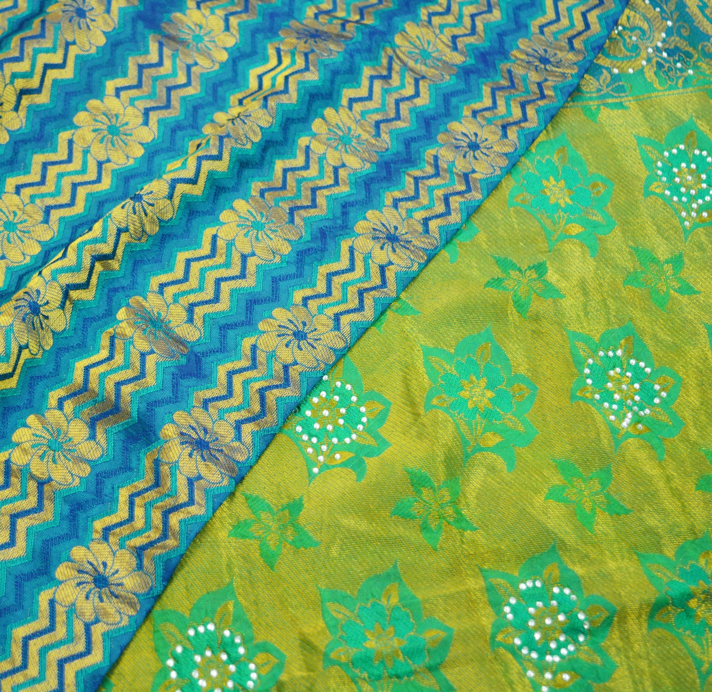 Indian Vintage Heavy Saree Blue & Green Hand Woven Kanjivaram 100% Pure Silk Indian Sari Fabric 5Yard Ethnic Zari Fringes