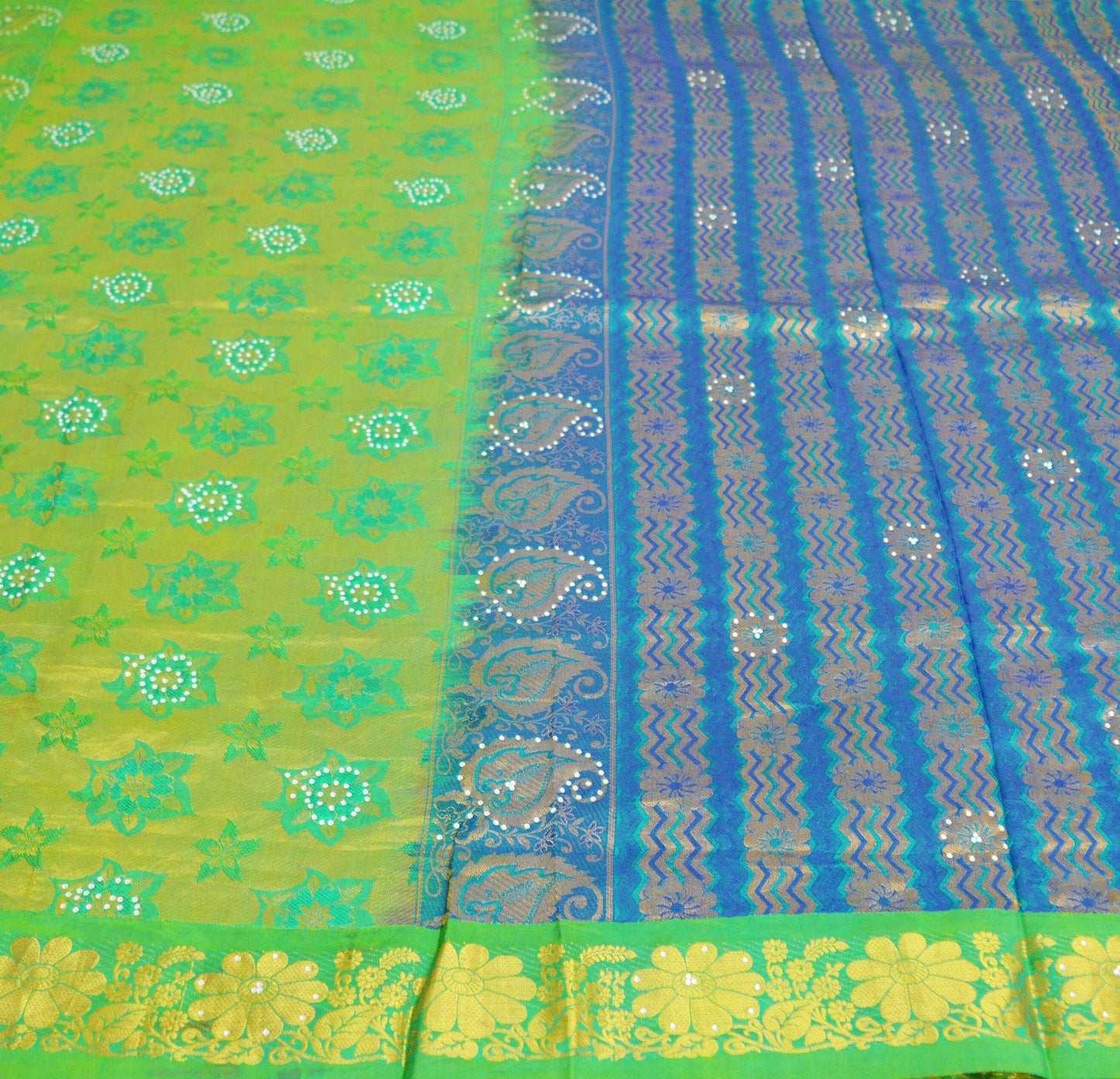 Indian Vintage Heavy Saree Blue & Green Hand Woven Kanjivaram 100% Pure Silk Indian Sari Fabric 5Yard Ethnic Zari Fringes