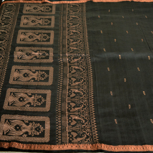 Indian Vintage Heavy Saree Black 100% Pure Silk Hand Woven Kanjivaram Indian Sari Fabric 5Yard Ethnic Zari