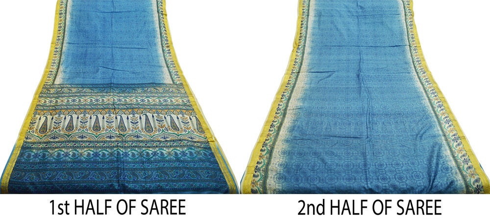 Indian Vintage Sari Blue Pure Silk Printed Saree Fabric 5yard Sewing Craft Fabric DressMaking Soft Wrap Floral Zari