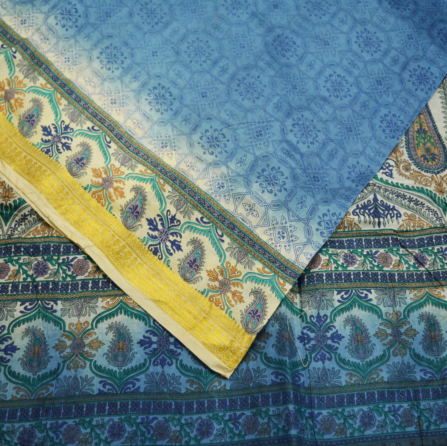 Indian Vintage Sari Blue Pure Silk Printed Saree Fabric 5yard Sewing Craft Fabric DressMaking Soft Wrap Floral Zari